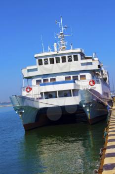 ODESSA, UKRAINE - August 20, 2017: Motor ship catamaran Hadzhibey with capacity 150 persons moored at Port