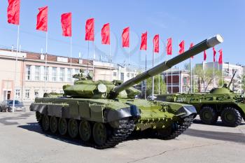Victory parade of military machine at spring time