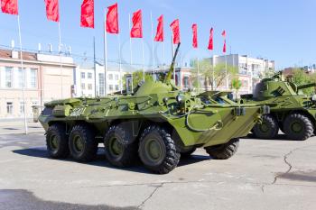 Victory parade of military machine at spring time