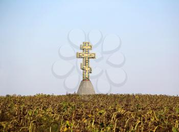 Autumn landscape with faded sunflower and cross