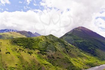 Summer landscape with Russian Caucasus green mountains