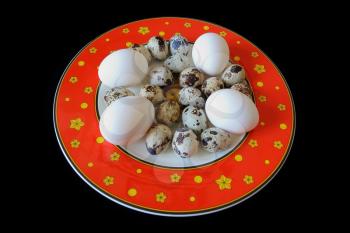 Image of red dish with hen and quail eggs