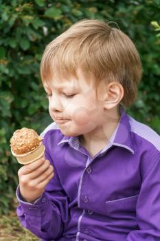 Vertical photo of blond boy are eating icecream in summer