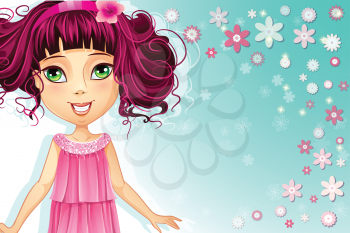 Royalty Free Clipart Image of a Young Girl on a Floral Background