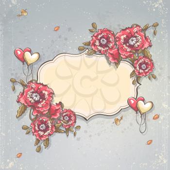 Royalty Free Clipart Image of a Wedding Invitation With Hearts and Flowers
