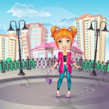 Royalty Free Clipart Image of a Girl in the City