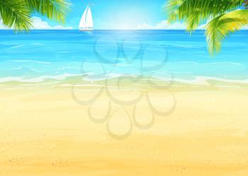 Illustration Summer beach and palm trees on the background of the sea and white sailboat