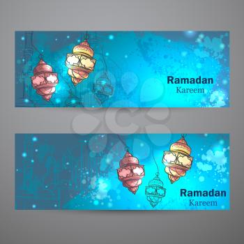 Set of two horizontal banners for Ramadan Kareem. Lamps for Ramadan
