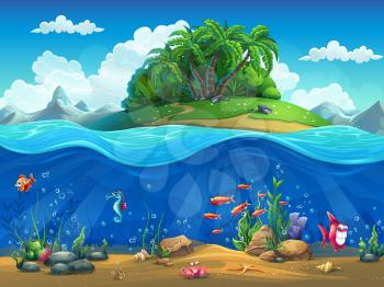 Cartoon underwater world with fish, plants, island