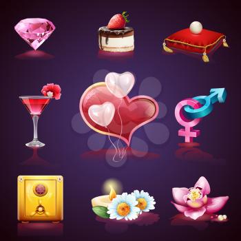 Valentines Day. Collection of romantic images on a violet background - vector illustration, editable for your graphic design.
