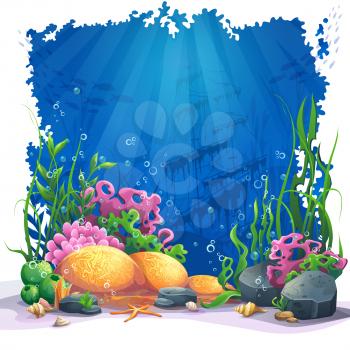 Beautiful coral and colorful reefs and algae on sand. Vector illustration of sea landscape.