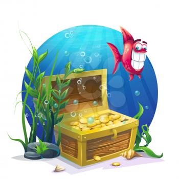 Chest of gold and fish in the sand underwater - vector illustration for design, banners, flyers, textures, backgrounds, postcards