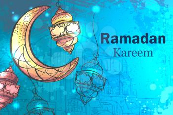 Colorful design is decorated with a crescent moon hanging lamps on the creative background to celebrate the Islamic holiday of Ramadan Kareem