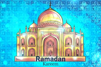 Colorful design is decorated with Mosque on the creative background to celebrate the Islamic holiday of Ramadan Kareem