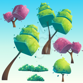 Set of isolated cartoon natural futuristic trees. Vector objects for design, graphics, print, magazine, book, web games. Bright background images for create videos or web graphic design, user interfac