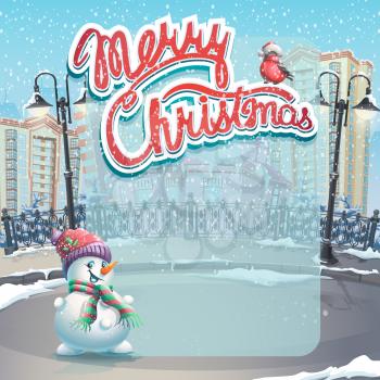 Vector illustration Merry Christmas with a snowman.  For print, create videos or web graphic design, user interface, card, poster.