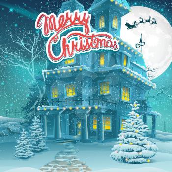 Vector cartoon illustration Merry Christmas. Greeting card light style background. Merry Christmas message.
