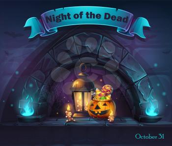 Vector Halloween cartoon illustration Night of the dead. Background image to create original video or web games, graphic design, screen savers.