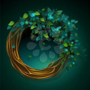 Vector cartoon illustration wreath of vines and leaves on a green background