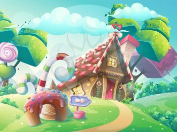 Vector cartoon illustration background sweet candy house with fantasy trees, funny cake and caramel