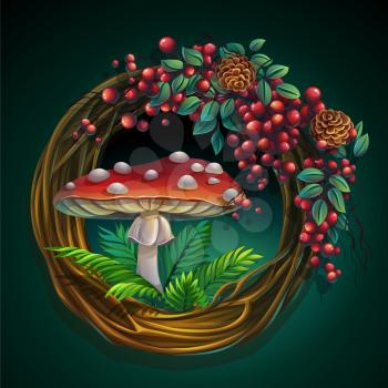 Vector cartoon illustration wreath of vines and leaves on a green background with ash berry, cedar cones, amanita mushroom