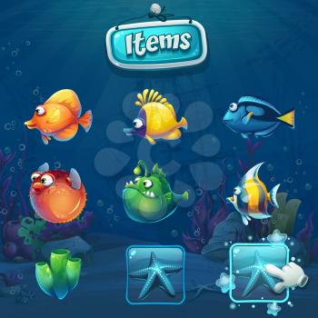 Set of cartoon items in underwater world background. Marine Life Landscape with different inhabitants. For design websites and mobile phones, printing.