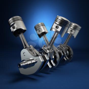 V4 engine pistons and cog on blue background. 3d