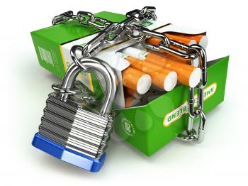 Stop smoking concept. Pack of cigarettes and lock with chain. 3d