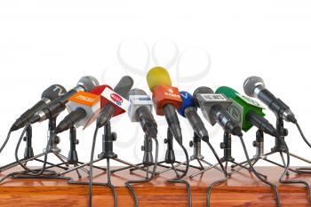 Microphones of different mass media, radio, tv and press prepared for conference meeting. Press conference or interview concept. 3d illustration