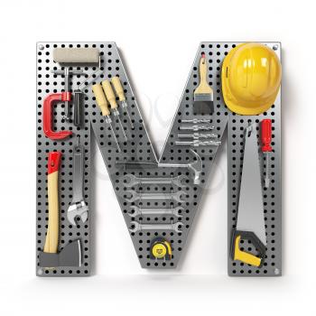 Letter M. Alphabet from the tools on the metal pegboard isolated on white.  3d illustration