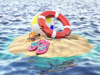 Small island with lifebelt ball and flipflops. Summer trip vacation security concept. 3d illustration