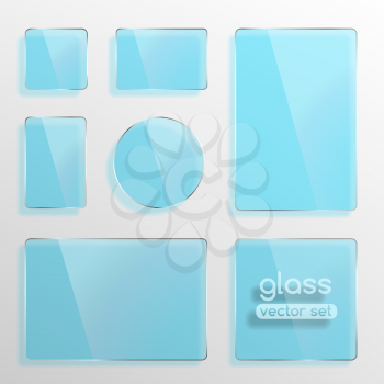 Glass plates set, square, rectangle and round in blue color. Photo realistic vector illustration