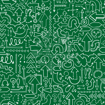 Seamless background of hand drawn arrows with question and exclamation marks on green background.