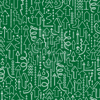 Seamless background of hand drawn arrows with question and exclamation marks on green background.