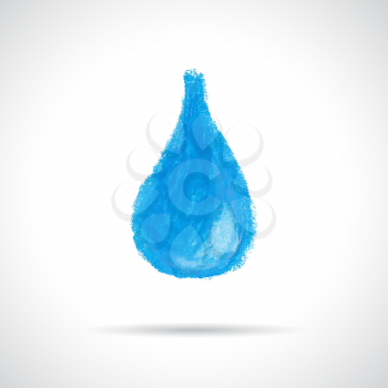 Blue water drop icon, hand drawn with oil pastel crayon. Corporate logo, ecology concept.