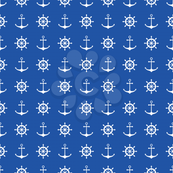 Seamless nautical pattern with anchors and ship wheels. Vector illustration.