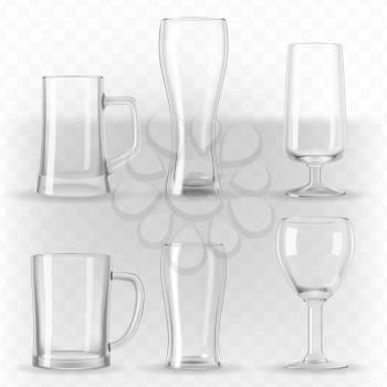 Vector set of photo-realistic transparent beer glasses, mugs and goblets.