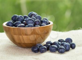 Blueberries in a wooden bowl on canvas. Healthy food concept