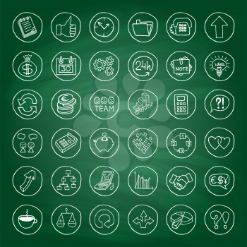 Doodle business set of buttons with arrows, diagrams, puzzle pieces, thumbs up and more. Green chalk board effect. Vector illustration.