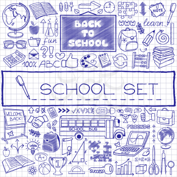 Hand drawn school icons set, pen drawn on paper effect. Vector Illustration.