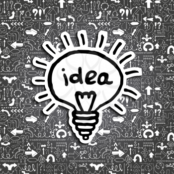 Light bulb icon on arrow filled background, chalkboard effect. Concept of a creative idea in a situation of uncertainty. Can be used as web icon or label as well. Hand drawn vector illustration.