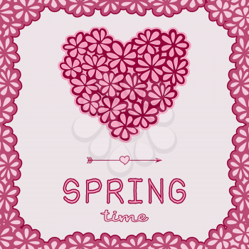 Spring time doodle card. Pink floral heart and arrow with frame. Design element for Valentine's Day, wedding, baby shower, birthday card etc. Vector illustration.