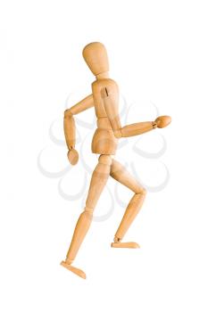 Wooden mannequin running upstairs isolated on white