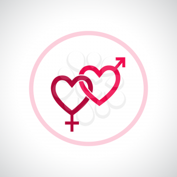 Couple gender icon. Connected hearts. Pink flat symbol with shadow. Design element for Valentine's Day, wedding, baby shower, birthday card etc. Vector illustration.