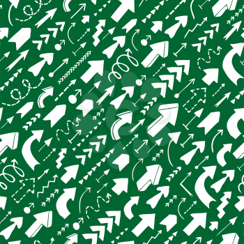 Seamless background of doodle arrows on green background. Diagonal direction of movement.