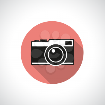 Vintage camera icon with shadow. Round red and black icon. Flat modern design.