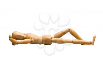 Wooden mannequin lying down, isolated on white.