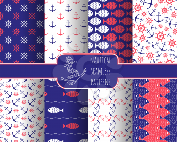 Set of 8 seamless nautical patterns with anchors, ship wheels, fish and waves. Design elements for printables, wallpaper, baby shower invitation, birthday card, scrapbooking, fabric print.