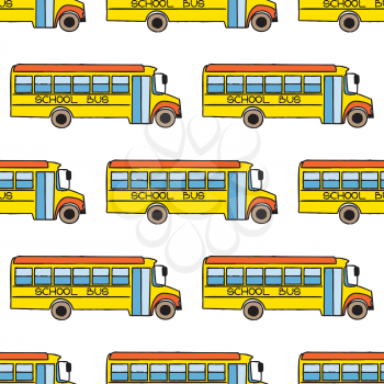 Back to School doodle seamless pattern. Colorful cartoon school bus. Design element for wallpapers, web site background, wrapping paper, sale flyer, scrapbooking etc. Vector illustration
