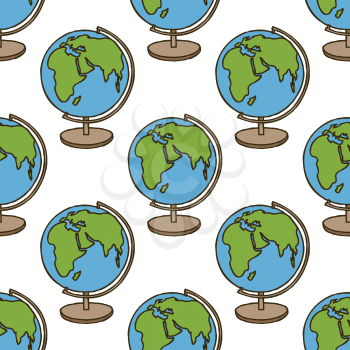 Back to School doodle seamless pattern. Colorful cartoon Earth Globe. Design element for wallpapers, web site background, wrapping paper, sale flyer, scrapbooking etc. Vector illustration